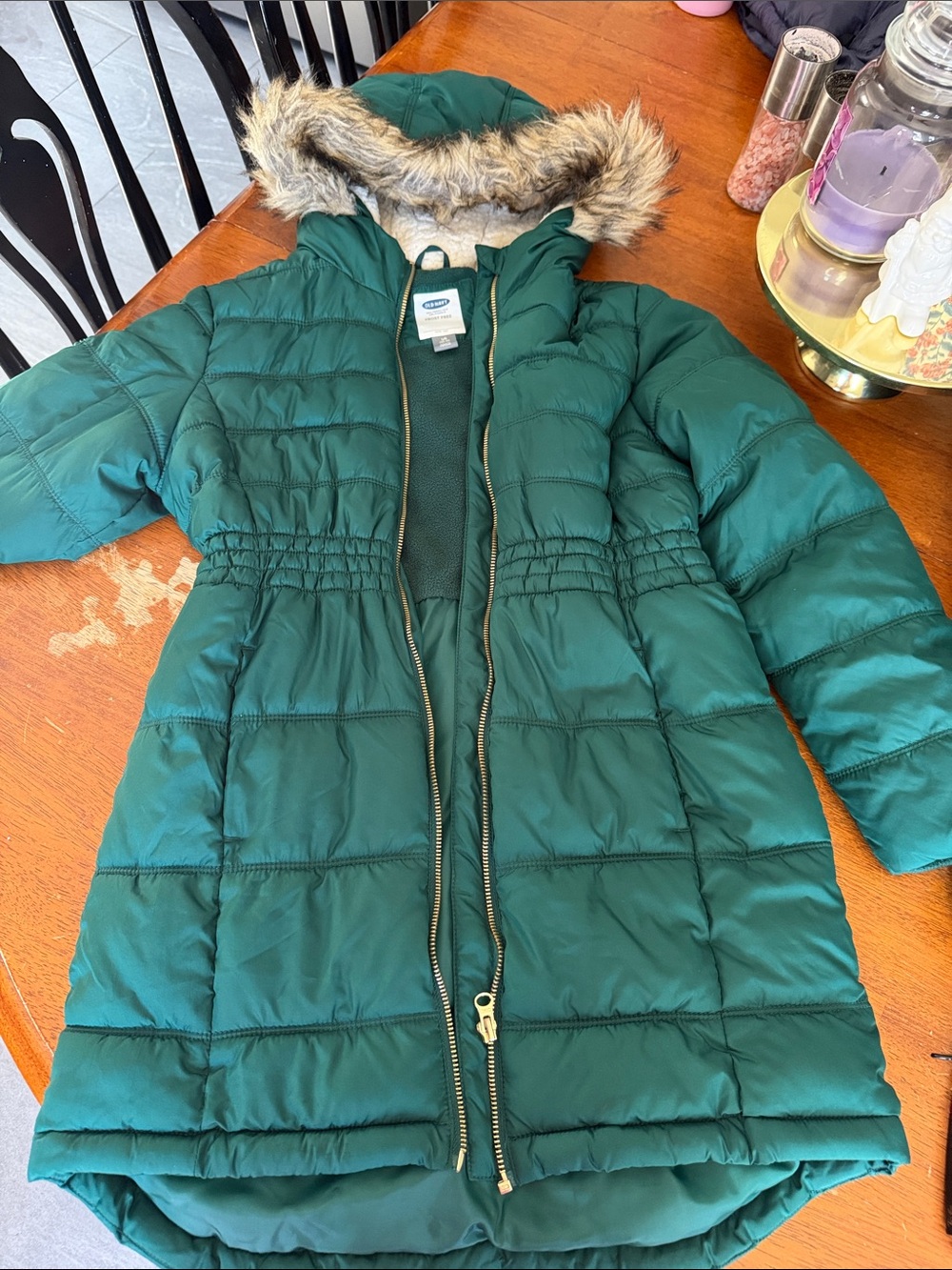 Old Navy Girls Green Hooded Puffer Coat with Faux Fur Trim